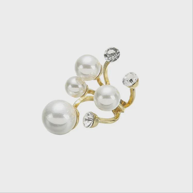 "Exaggerated Geometric Pearl & Diamond Open Ring - Unique Cold Style Statement Jewelry"