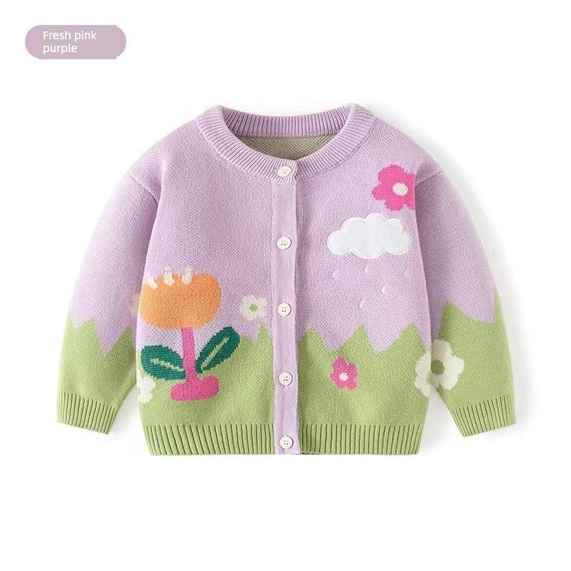 Girls' Round Neck Knitwear, Kidsren's Knitwear Cardigan, Spring and Autum Kidsren's Clothing, Flower Baby Girl Knitwear Jacket, Fleece-Lined