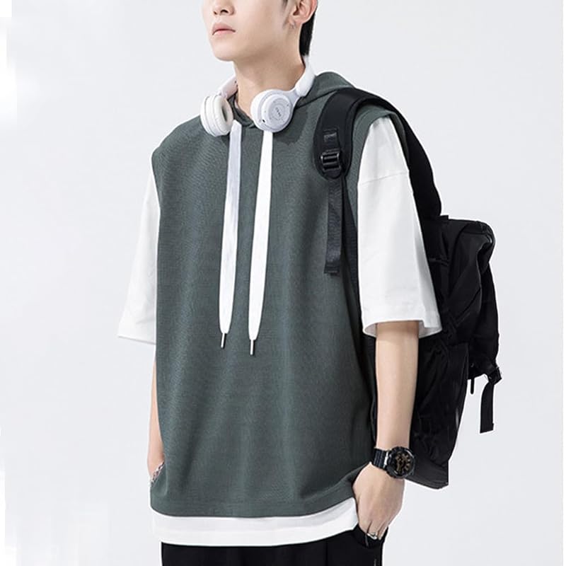 [FLYSKY] Hoodie Men's Short Sleeve Summer Clothes T-shirt Relaxing Hooded Sweatshirt Casual Big Size Sweat Absorbent and Quick Drying