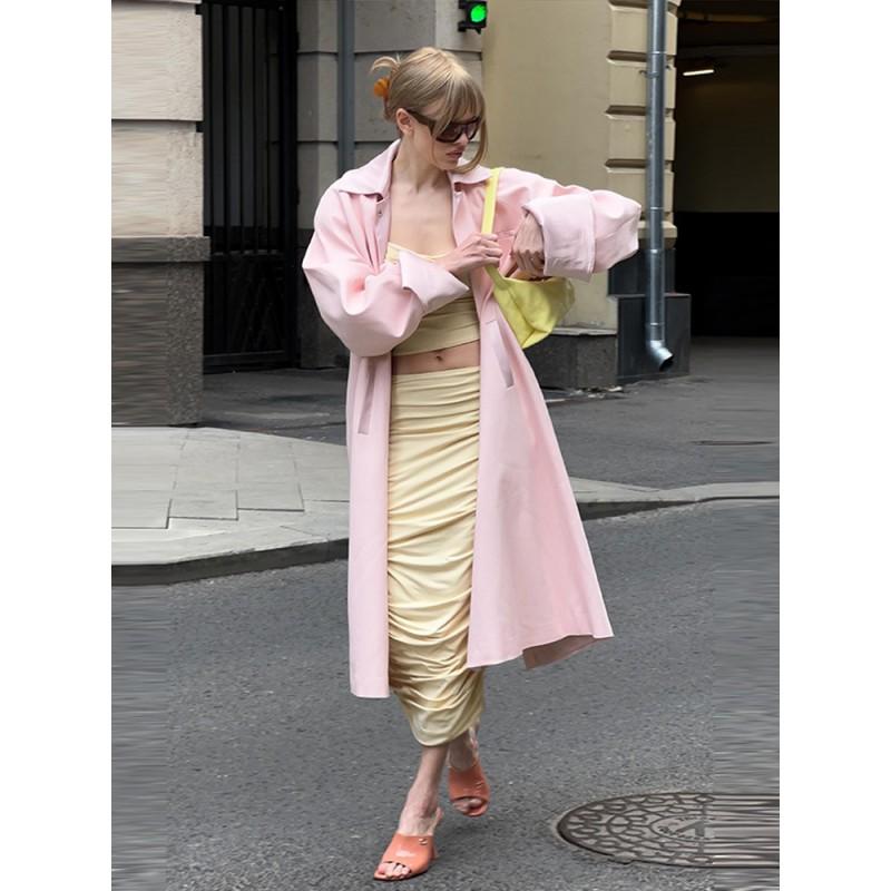 Womens Pink Long Trench Coat - Artistic Loose Fit 2026 Fall Casual Outerwear