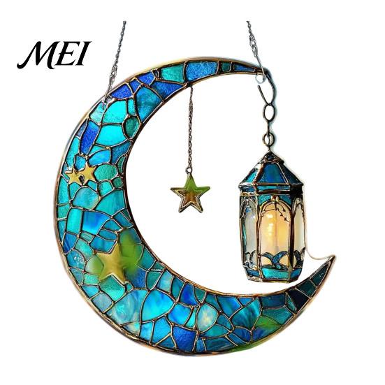 Colorful Glass Suncatcher 2D Acrylic Star Moon Lantern Suncatcher, Crescent Window Hanging Ornament Decoration for Home, Patio, Garden, Ramadan Decor,