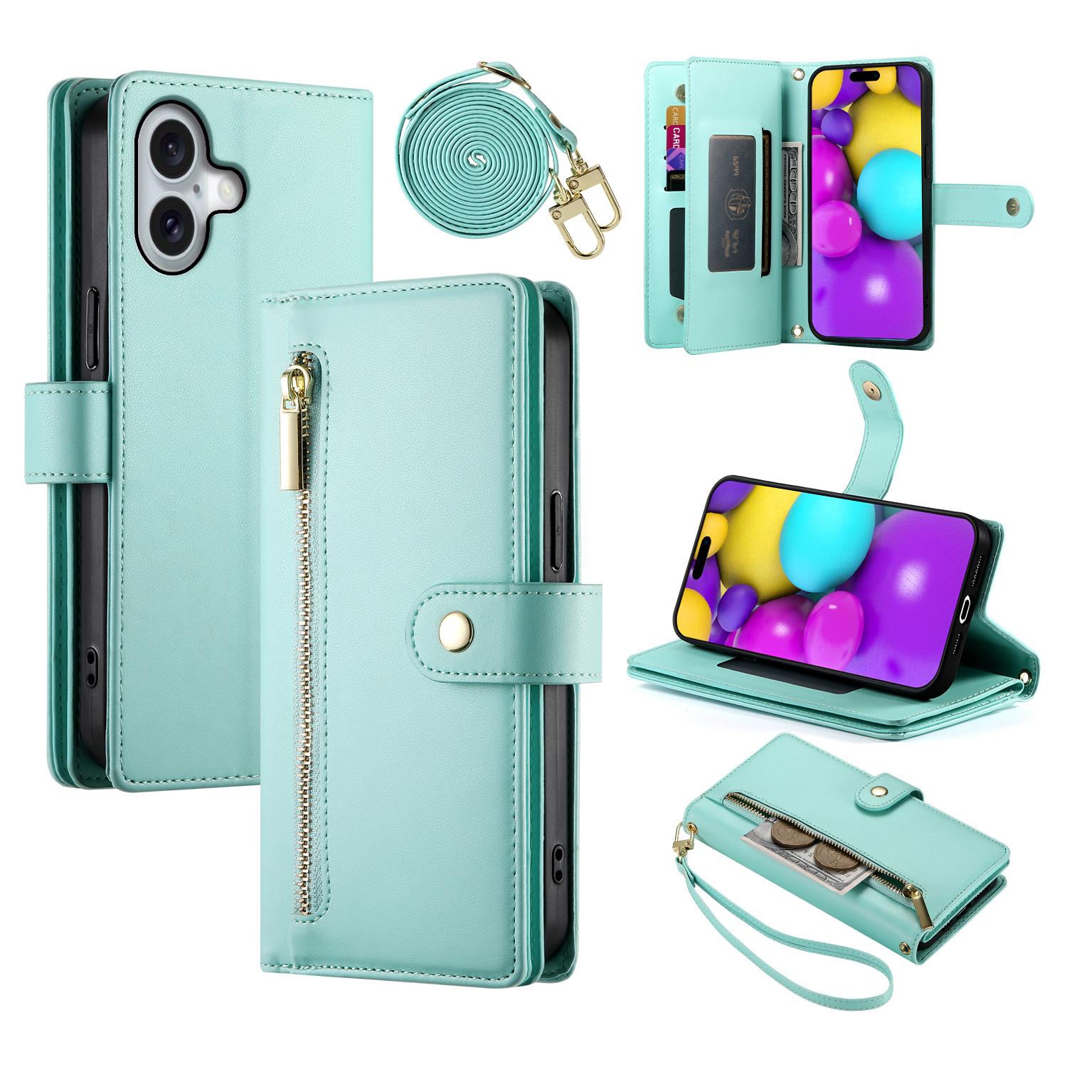 

DF-011 For iPhone 16 Case Anti-Drop Leather Wallet Phone Cover with Long/Short Straps C