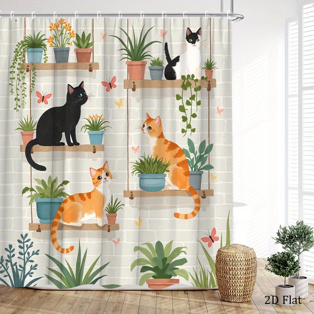 Cute Cats On Shelves With Plants And Butterflies Shower Curtain Waterproof Easy To Clean Privacy Protection Art Design Modern