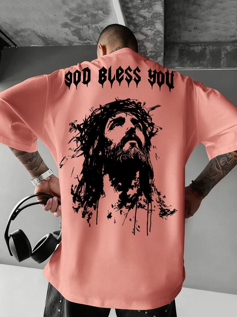 Printed Tshirt For Unisex New Summer Fashion God Bless You Jesus Portrait Printed Tee Machine Washable Sxxl