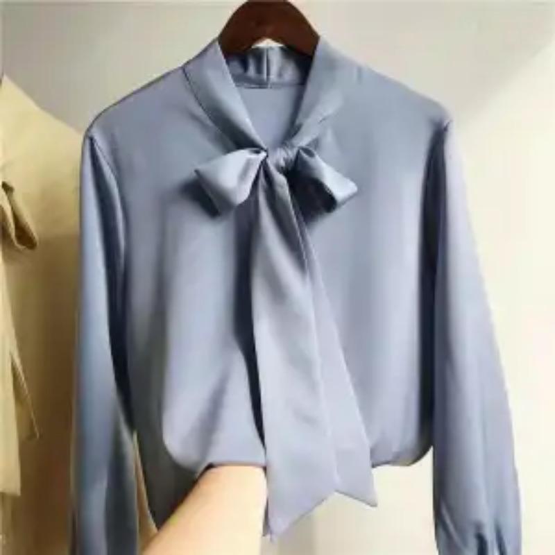 

Модная рубашка для женщин с длинным рукавом, осенняя новинка, с бантом, из высококачественного атласа, свободного кроя, корейская базовая блузка S синий