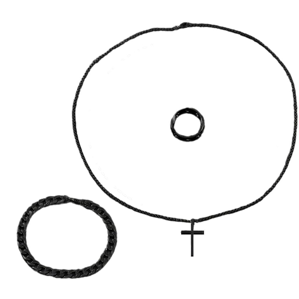 Men Fashion Jewelry Set Featuring Cross Pendant Necklace Bracelet and Rings Gothic Jewelry for Stylish Faith Expression