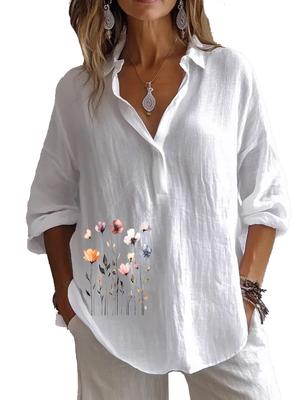 Plus Size Women Lapel Neck Cotton Linen 3/4 Sleeve Shirt Spring&Autumn Casual Floral Print Blouses