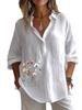 Plus Size Women Lapel Neck Cotton Linen 3/4 Sleeve Shirt Spring&Autumn Casual Floral Print Blouses