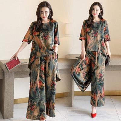 Ensemble rétro d'été ample imprimé pour femme Haut à manches courtes + Pantalon large Grand ensemble décontracté deux pièces