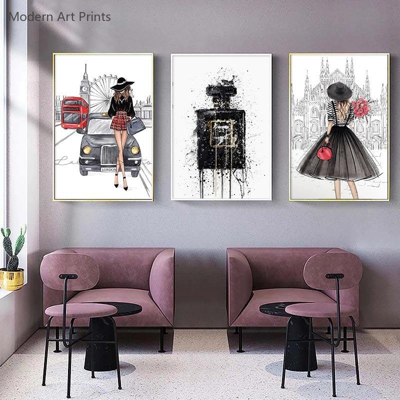 Fashion Paris Grils Canvas Poster Modern Wall Art Posters New York London Perfume Pictures Print Painting For Living Room Decor