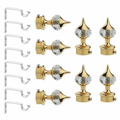 Pair of 4  Aluminium Single Diamond Curtain Brackets Parda Holders with Support Fittings 1 Inch Rod Pocket Finials Designer Door and Window