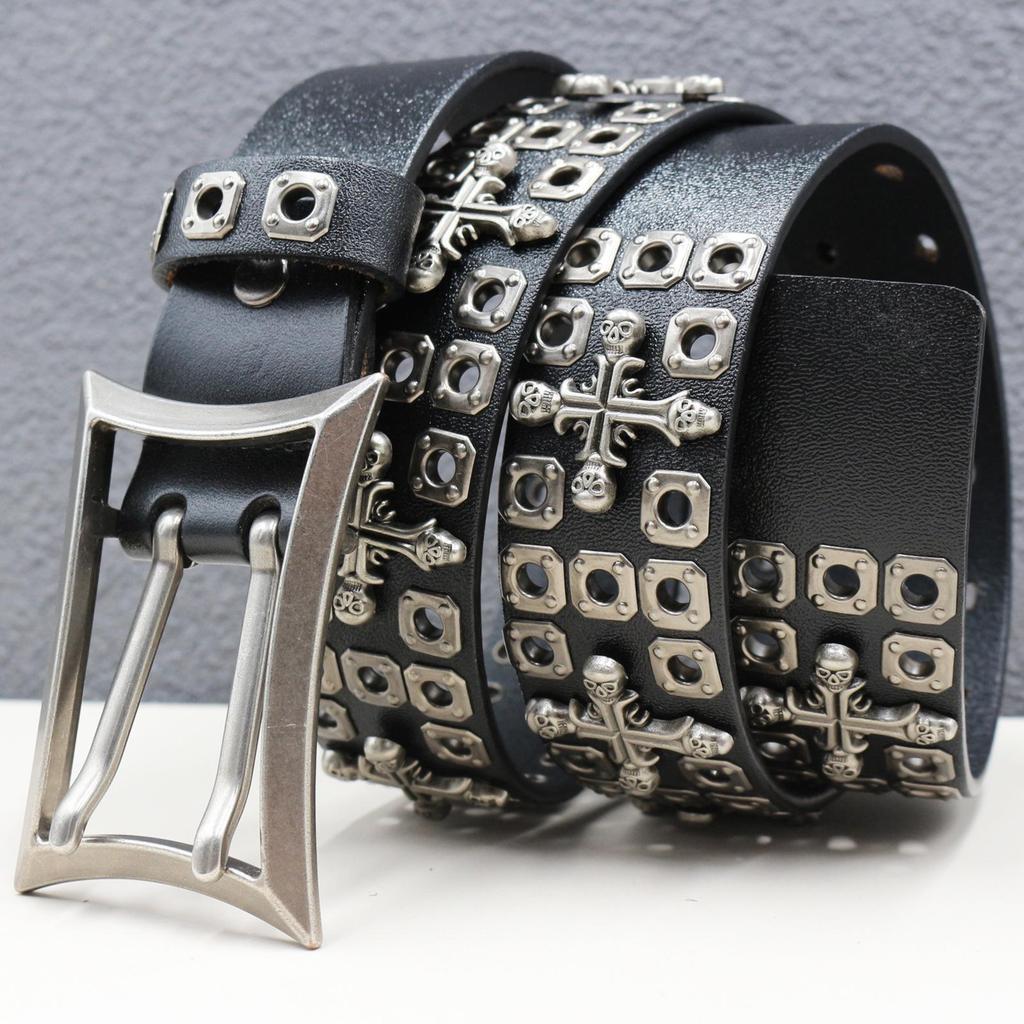 Heavy-Duty Cowhide Leather Belt with Double-Needle Rivets and Hollow Eyelets