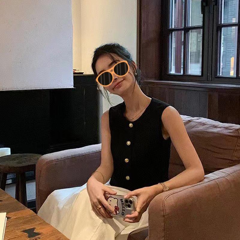 Dames fransk rund hals enkeltspent dobbel lomme ermeløs avslappet strikket vest