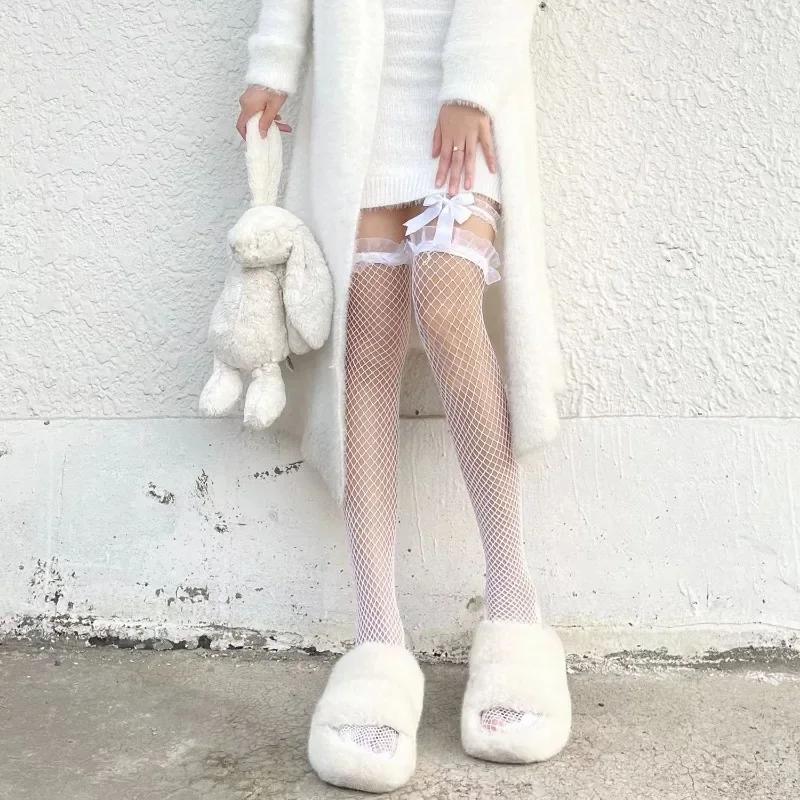 Cute Thigh Fishnet Socks Sexy Women Black Lace High Stockings Sweet Lolita Over Knee Long Leggings Nightclub Party Accessories