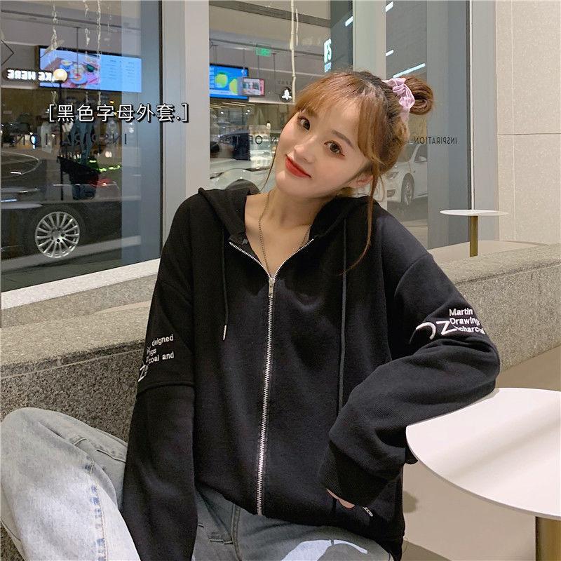 Casual sweater jacket women's thin loose Korean version short man with bf hooded zipper cardigan