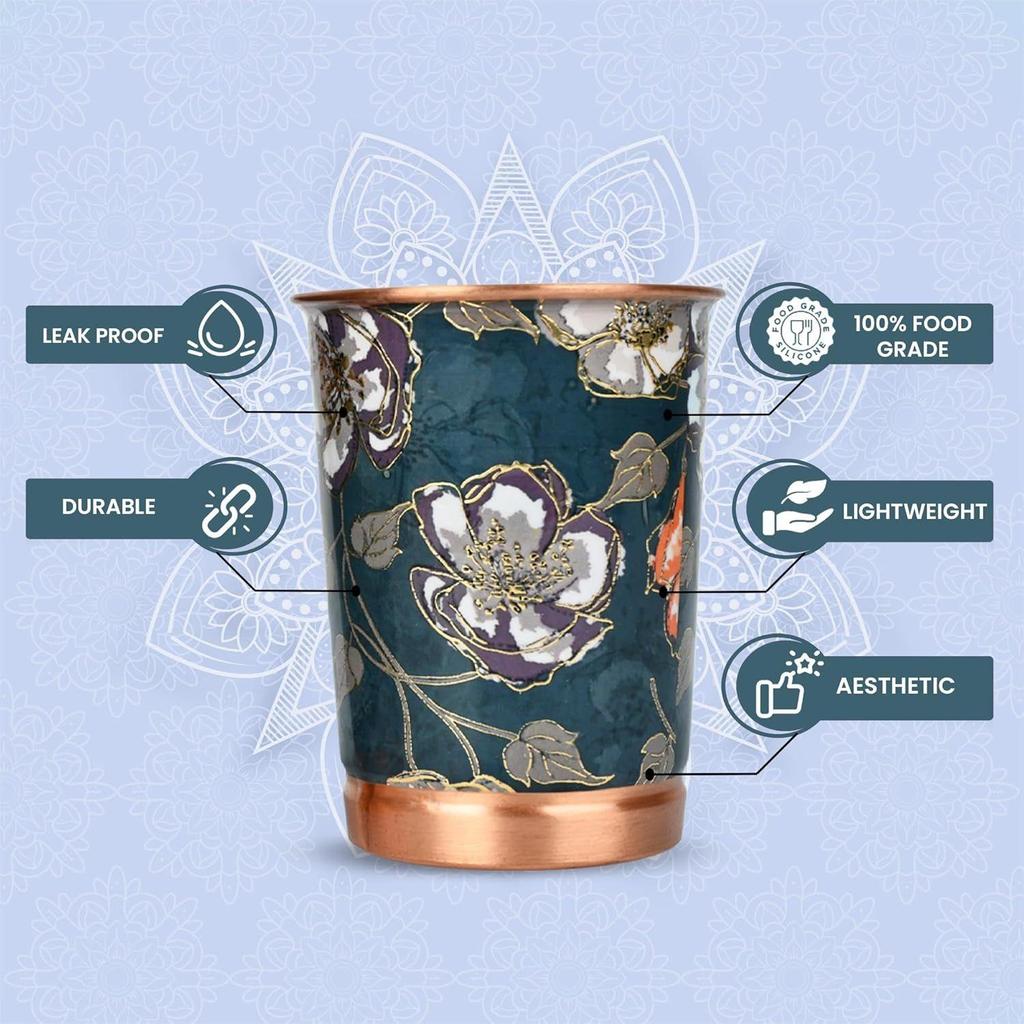 Copper Printed Design 250ML Water Glass with Rust Proof for Home and Office Use Ayurveda and Yoga Health Benefits Glass Set of 6 (Green Gold)