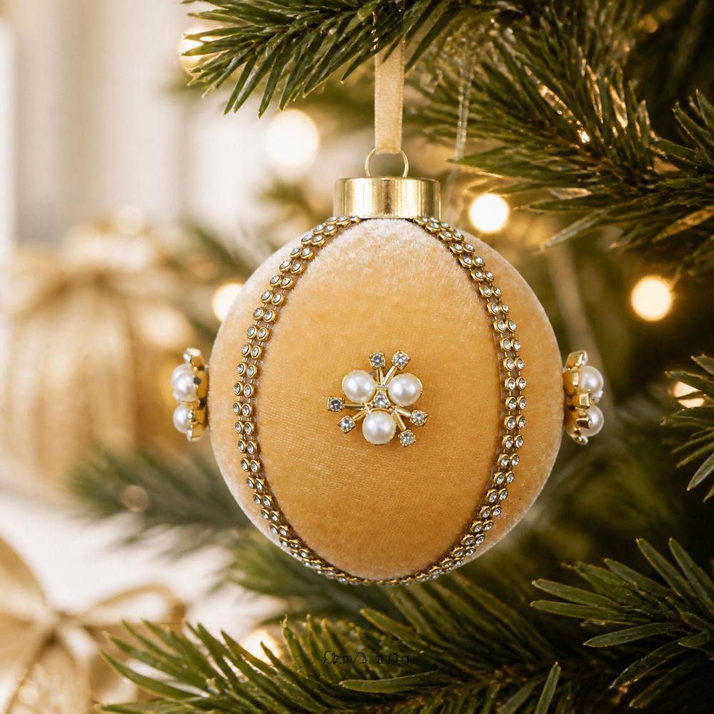 Velvet Finish Christmas Ball Ornament Rhinestone Trim Hanging Ball Ornament  Festive Decorations