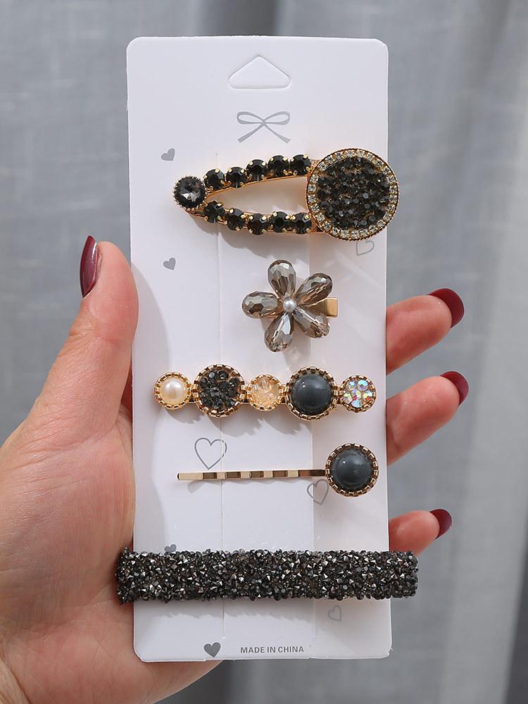 Fashion Flower Hair Clips Versatile Colorful Rhinestone Hair Clips Personalized Women S 5-Piece Set Pearl Hair Clips Accessories