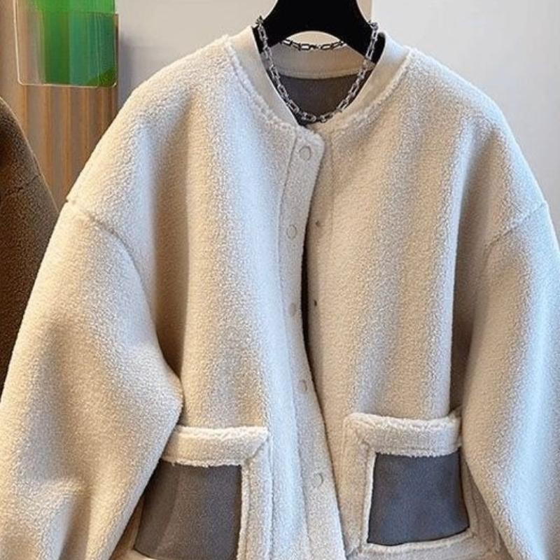 

Осенне-зимнее пальто из стриженой овчины контрастных цветов с карманами, женское, больших размеров, с круглым вырезом, универсальное, меховое, цельное, шерпа-топ 3XL