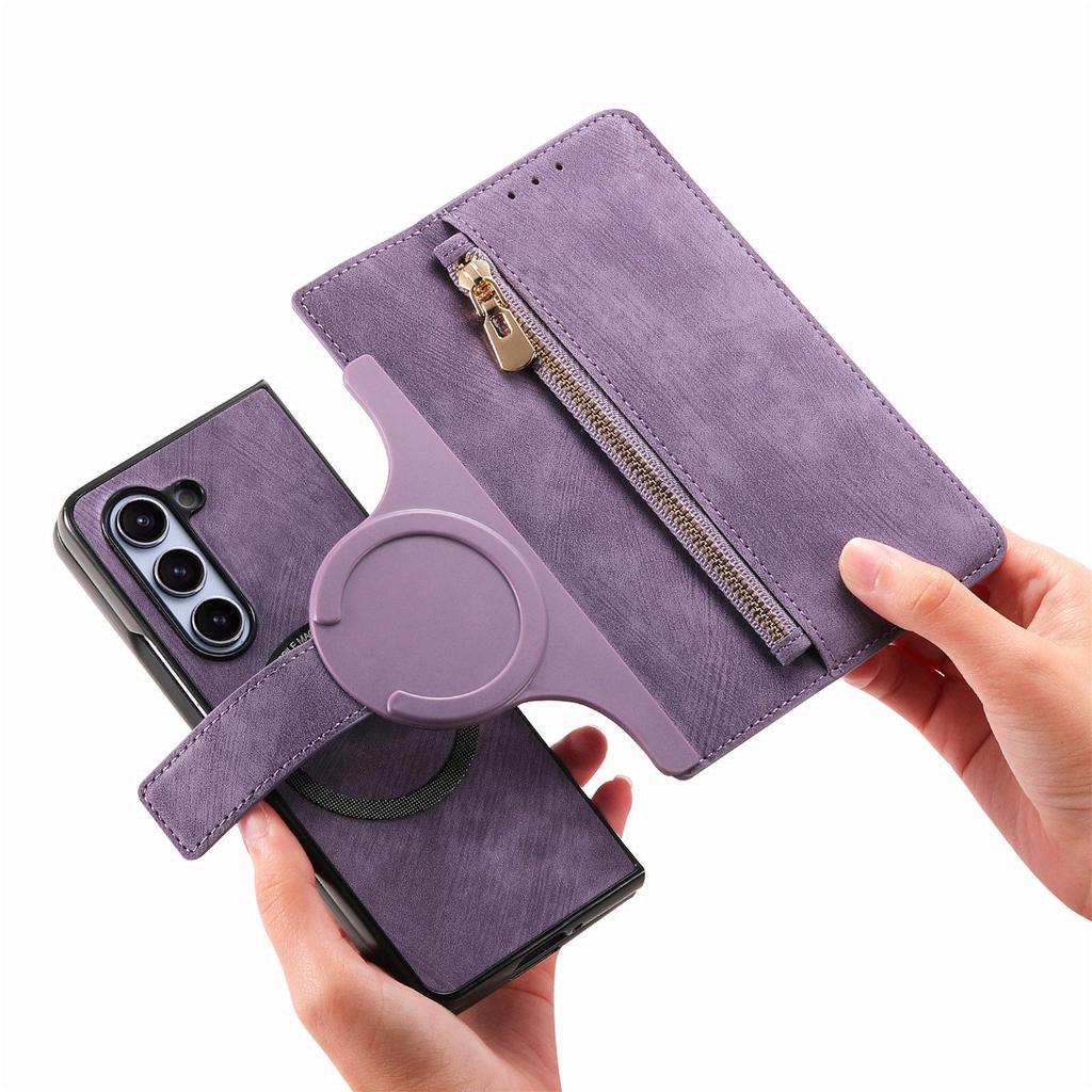 Retro Magnetic Zipper Leather Case for Samsung ZFold 7/6/5/4/3 with Card Slot