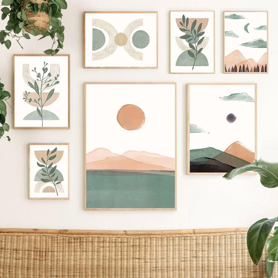 Abstract Mountain Leaf Sun Rainbow Geometry Landscape Posters And Prints Wall Art Canvas Painting Pictures For Living Room Decor