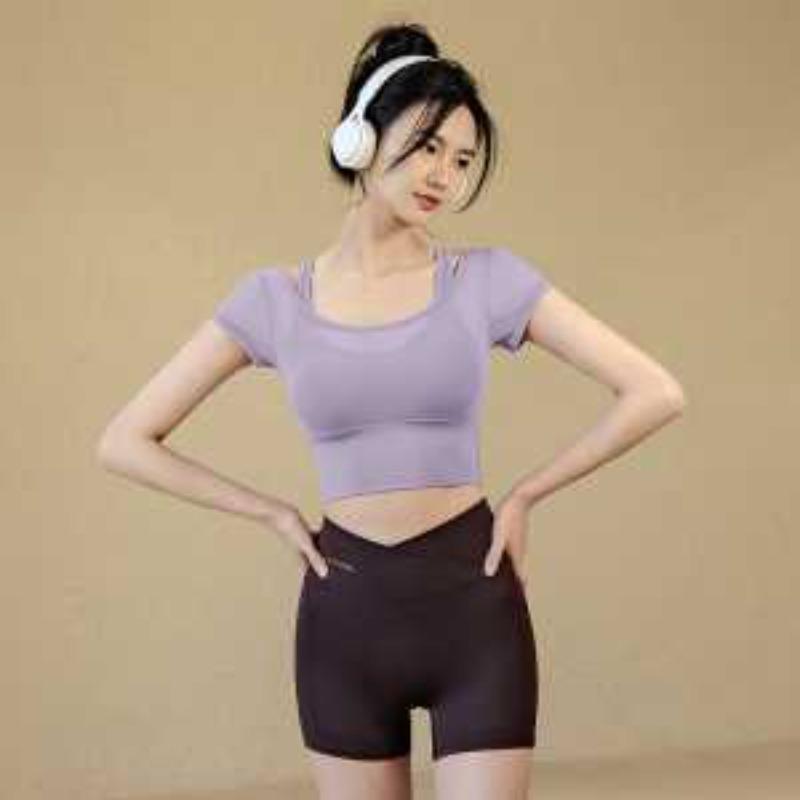 Women Mesh Splice Workout Crop Top Built-in Bra Short Sleeve Yoga Shirt