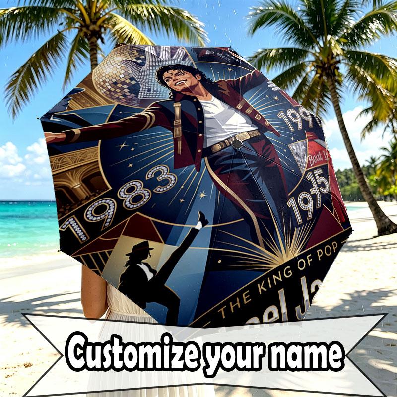 Custom Name Personalized Michael Jackson POP Print Umbrella, Auto Open Close, 8‑Rib Sturdy Frame, Commute Camping Hiking Use, Birthday Gift