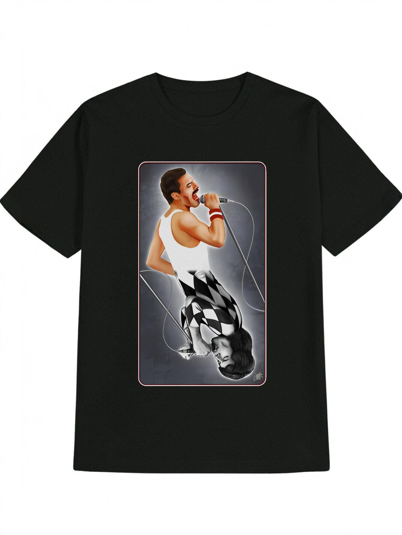 

Casual Versatile Round Neck T-shirt with Male Image Microphone Print L