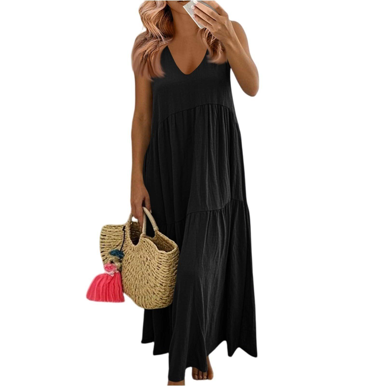 2026 Summer Cotton Women s V-neck Sleeveless Casual Bohemian Layered Sundress Elegant Beach Long Dress S чёрный