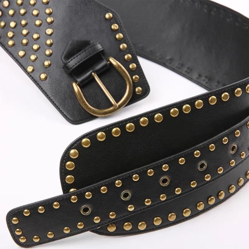 PU Leather Female Waist Belt with Irregular Buckle Rivets Decors PU Waist Belt Hollowed out Waistband for Coat Shirt