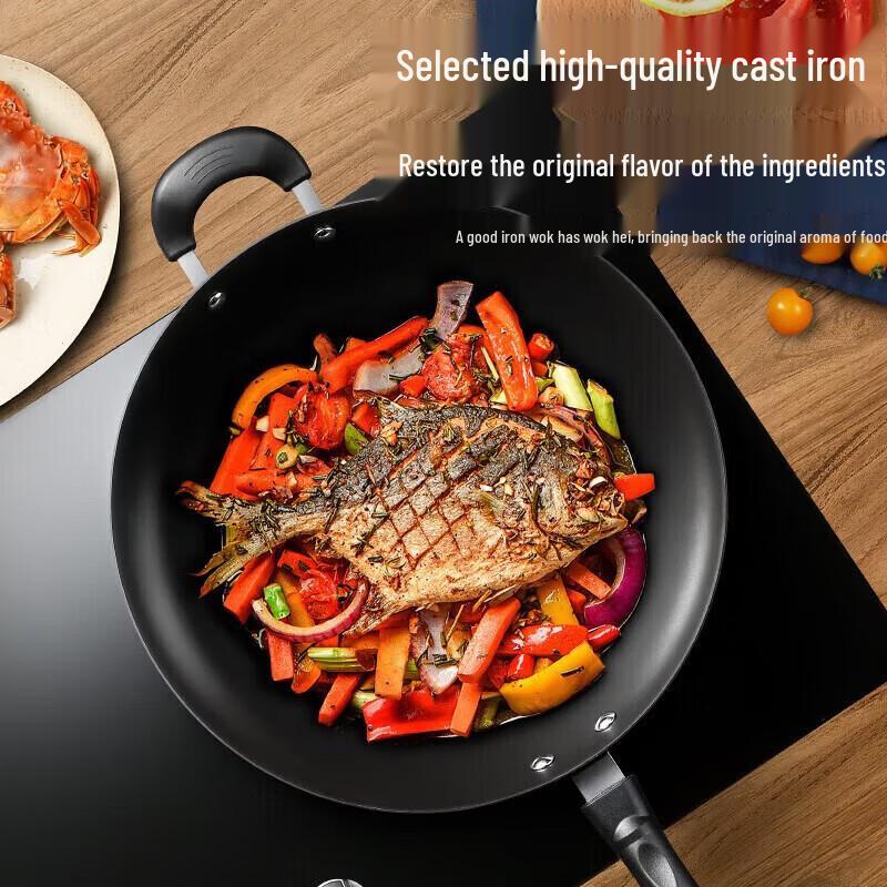 Supor Rust-Resistant Coating-Free Cast Iron Wok with Glass Lid