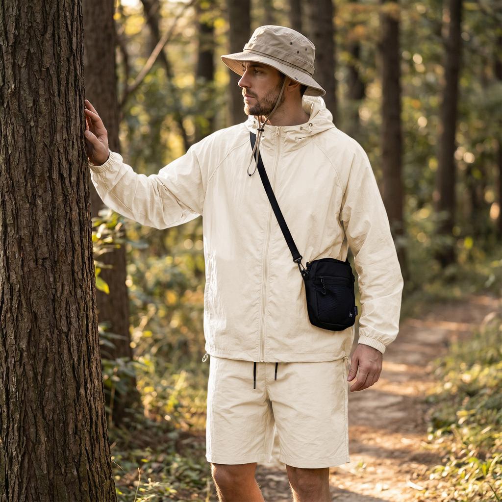 Men's Quick Dry Hooded Sun Shirt and Shorts Set Lightweight Athletic Two Piece Sportswear