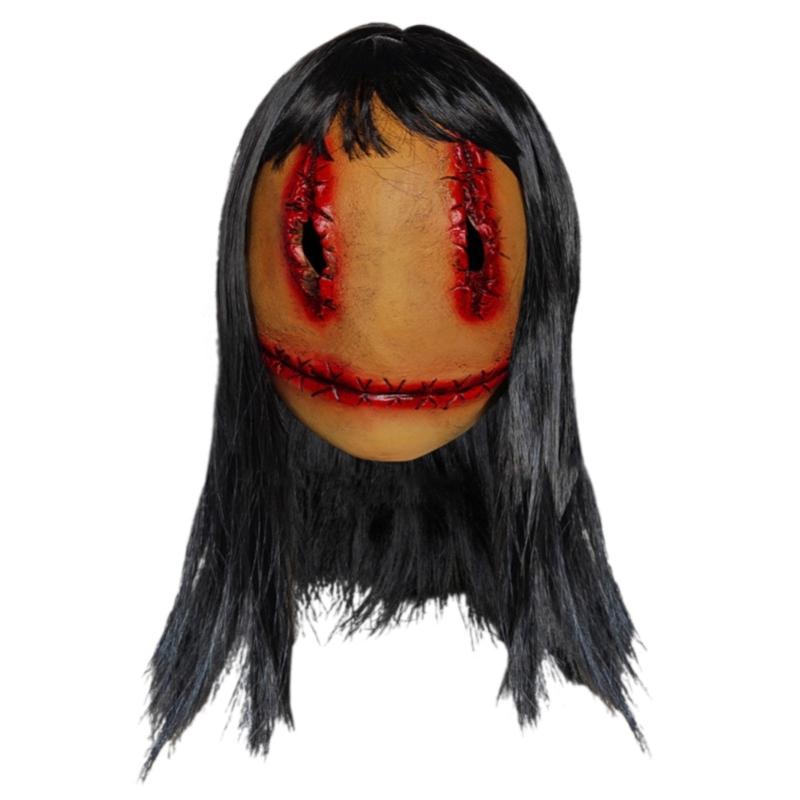 Scary Bloody Mask with Hair Female Ghostly Full Face Mask Headgear Cosplay Party Mask for Carnivals Halloween Decorations