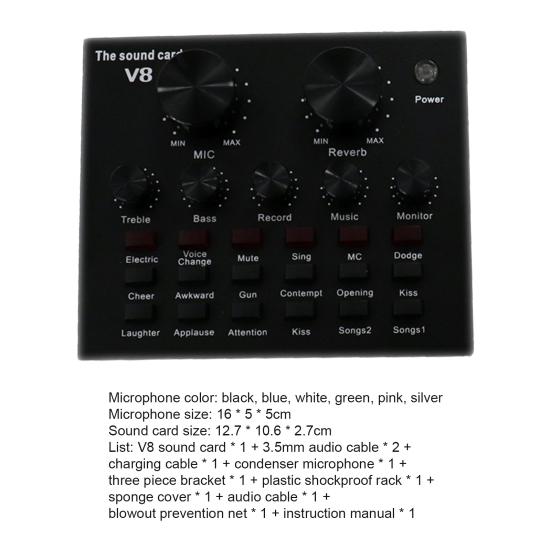 1 Set V8+BM800 Condenser Microphone Foldable Low Noise Portable Studio Recording Mic Sound Card for KTV