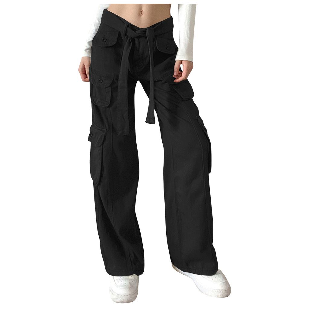 Fashion Women's Cuffed Multi-pocket Button Cargo Pants Low Waist Wide Leg Jeans