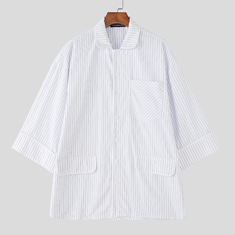 INCERUN Men Spring Lapel Neck 3/4 Sleeve Striped Shirts Casual Oversized Tops