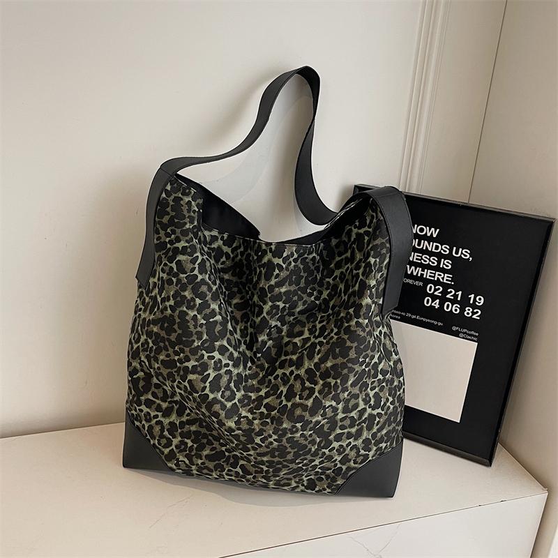 Leopard Print Large Capacity Tote Bag Women's Vintage Canvas Shoulder Crossbody Bag
