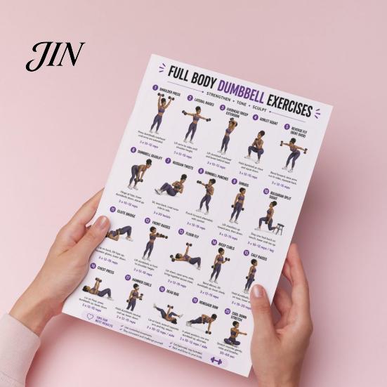 Beginner Friendly Fitness Guide 2 Pcs Dumbbell Workout Chart Poster, Full Body Exercise Routine for Women Wall Art, Strength Training Home Gym