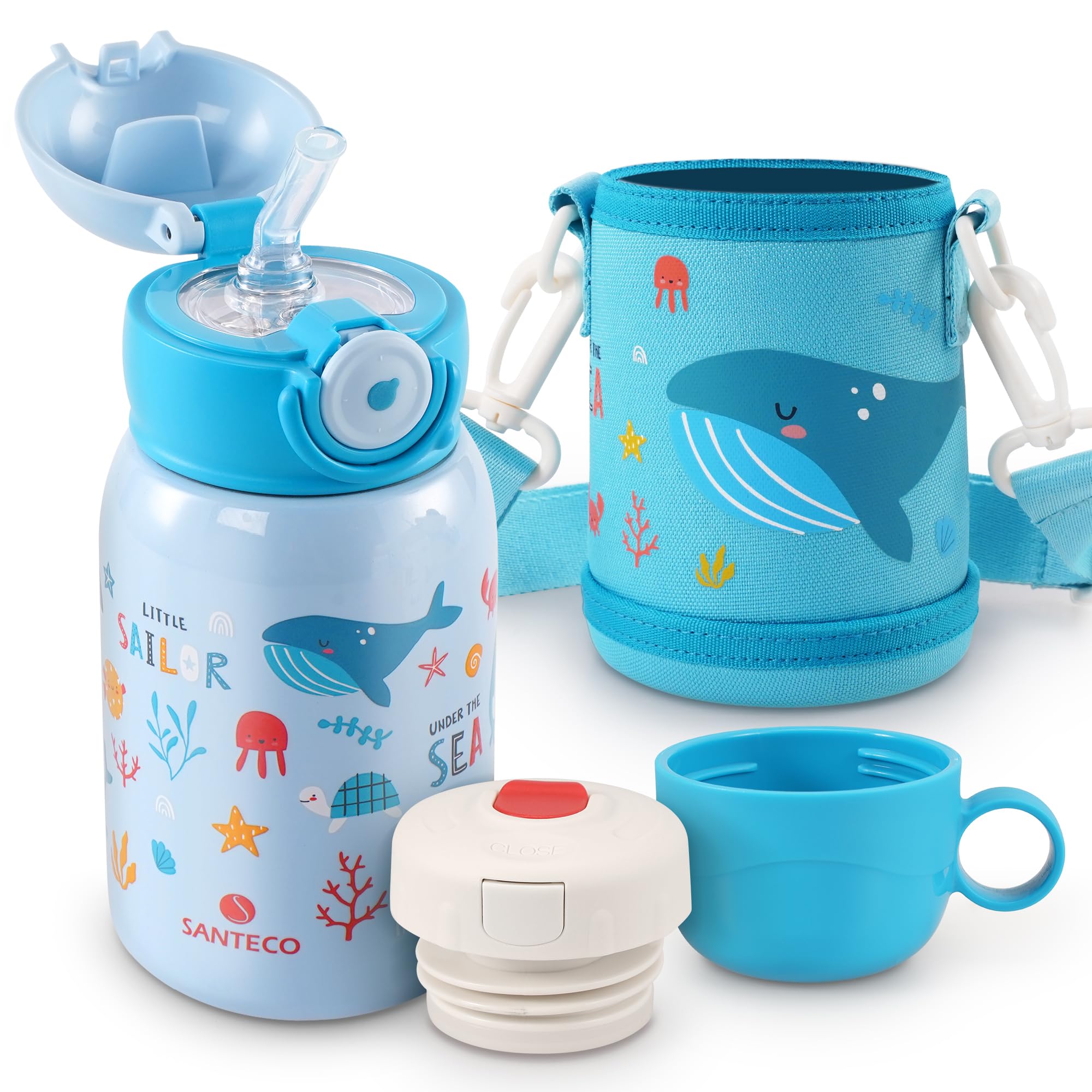 

SANTECO Бутылка для воды MARA Термос 450 мл для детей с соломинкой Тип для питья непосредственно Совместим со спортивными напитками Газированными напитками Сохранение холода и тепла синий