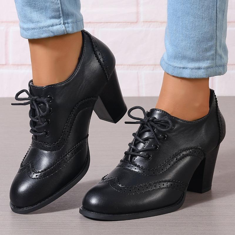 Britské dámské kotníkové boty Oxfords Vysoké blokové podpatky Lodičky Hnědá kůže Kulatá špička Společenské Kancelářské Dámské Šněrovací Vintage Boty