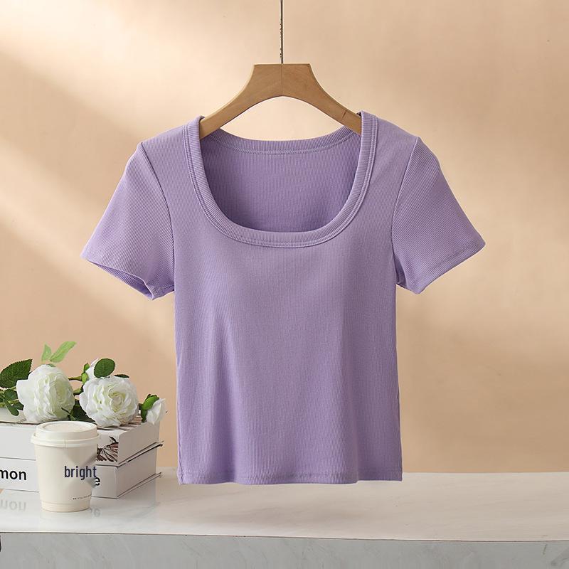 

Women s Cropped Square Neck Short-Sleeve T-Shirt with Chest Pads - Trendy & Versatile Navel-Baring Top Small фіолетовий