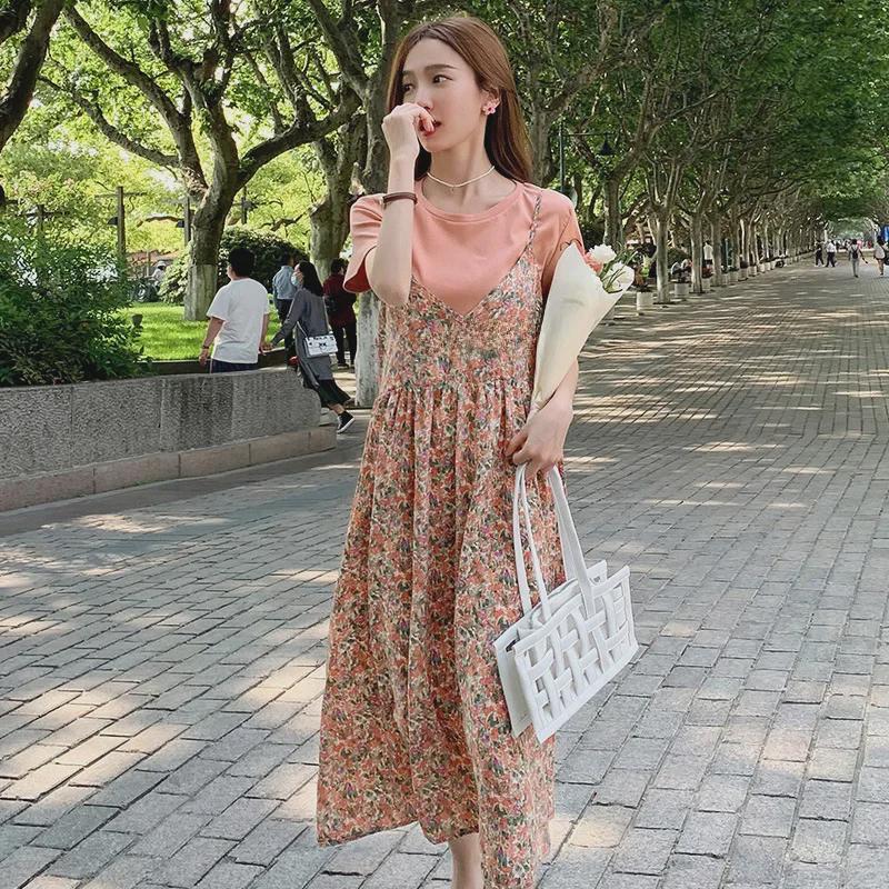 019 Grenzüberschreitendes Sommer-Umstandskleid in Midilänge mit Aufdruck: Kurzärmeliges Chiffon, Falsches zweiteiliges Design