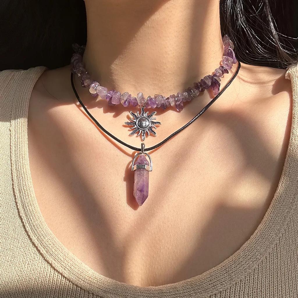 2 Piezas Gótico Boho Piedra Irregular Cadena Ajustable Collar para Mujeres Vintage Girasol Cristal Colgante Gargantilla Y2K Joyería Regalo Nuevo