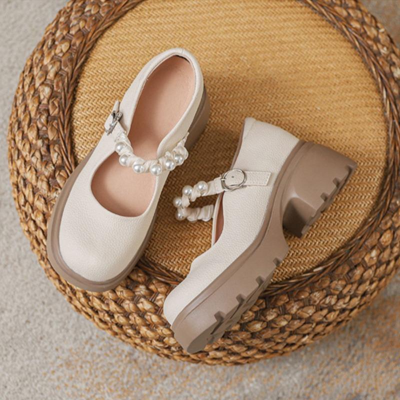 Summer new shallow mouth Mary Jane shoes women's pearl inner height increase word with soft sole summer single shoes