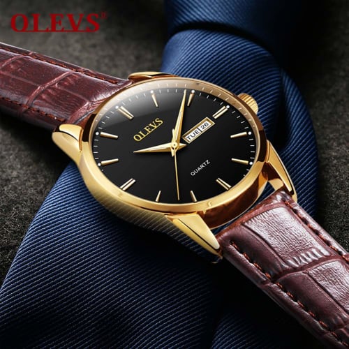 OLEVS Men's Watch Arm Watch Stylish Ultra Thin Leather Strap Quartz Analog Date Display Watch for Men