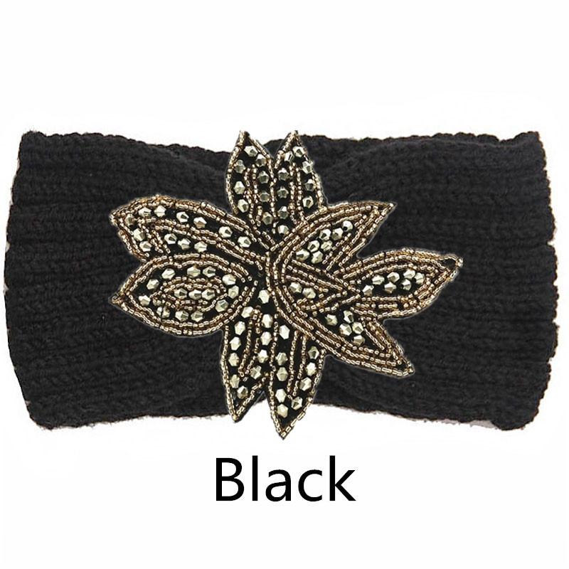 Crystal Beaded Flower Knit Headband For Women Winter Wool Ear Warmer Hairband Turban Headwrap Hair Accessories Bandeau