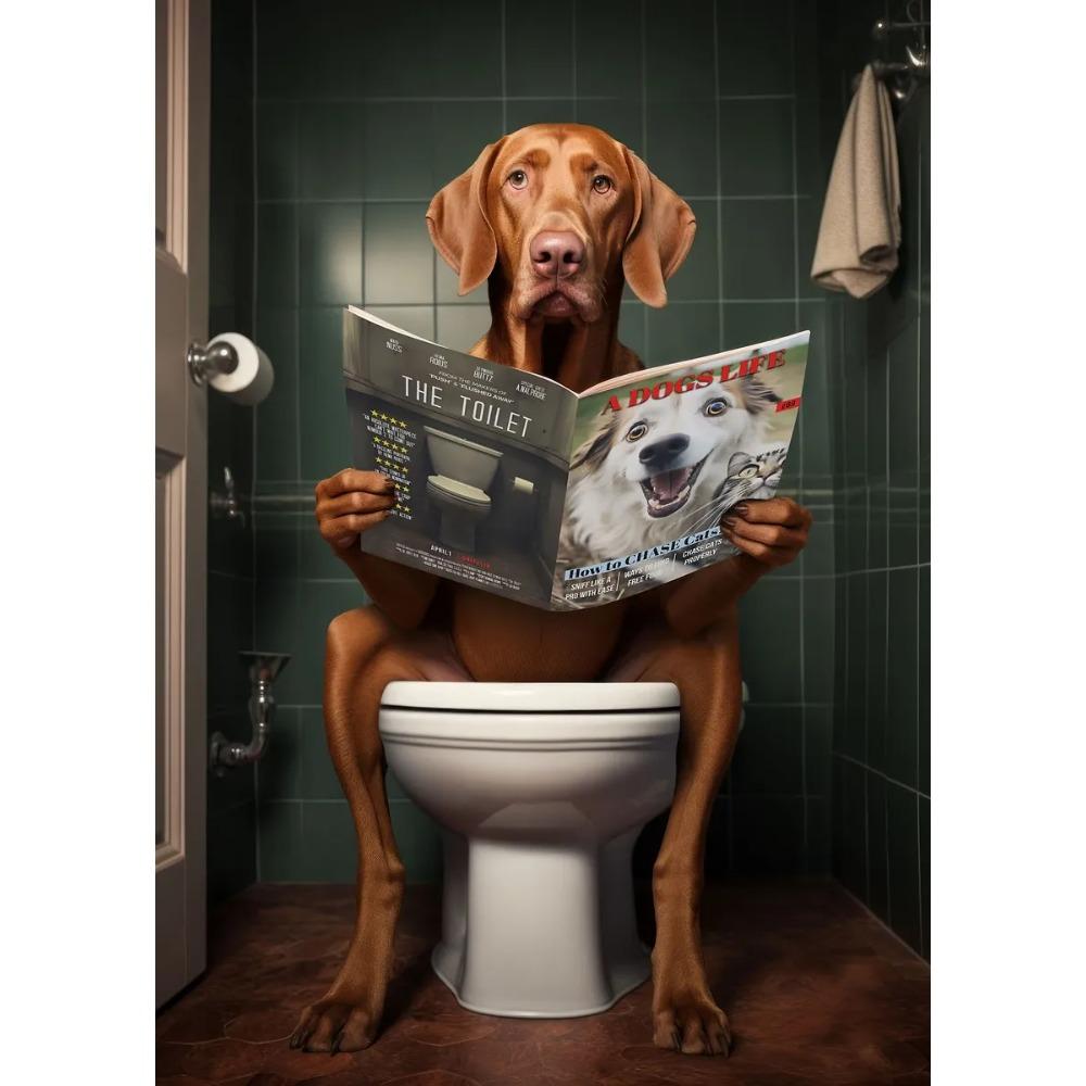Funny Bathroom Poster Dog Reading Newspaper On Toilet Prints Pet Owner Gift Canvas Painting Wall Art Picture Home Bathroom Decor