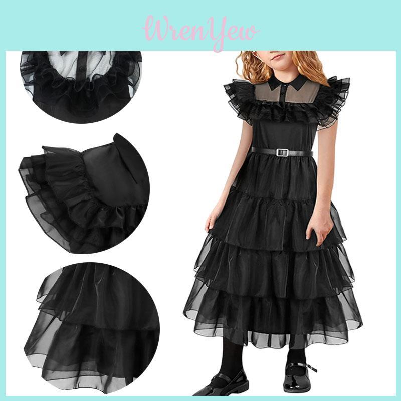 Wednesday Addams Dress For Kids Cosplay Costume Party A-shaped Tiered Skirt