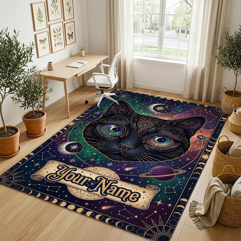 Cosmic Cat Theme Soft Crystal Velvet Rug Custom Name & Text Print Non Slip Floor Rug for Bedroom Living Room