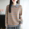 Women's Striped Knit Polo Sweater - 100% Pure Wool, Autumn/Winter Fashion, Loose Lapel Design